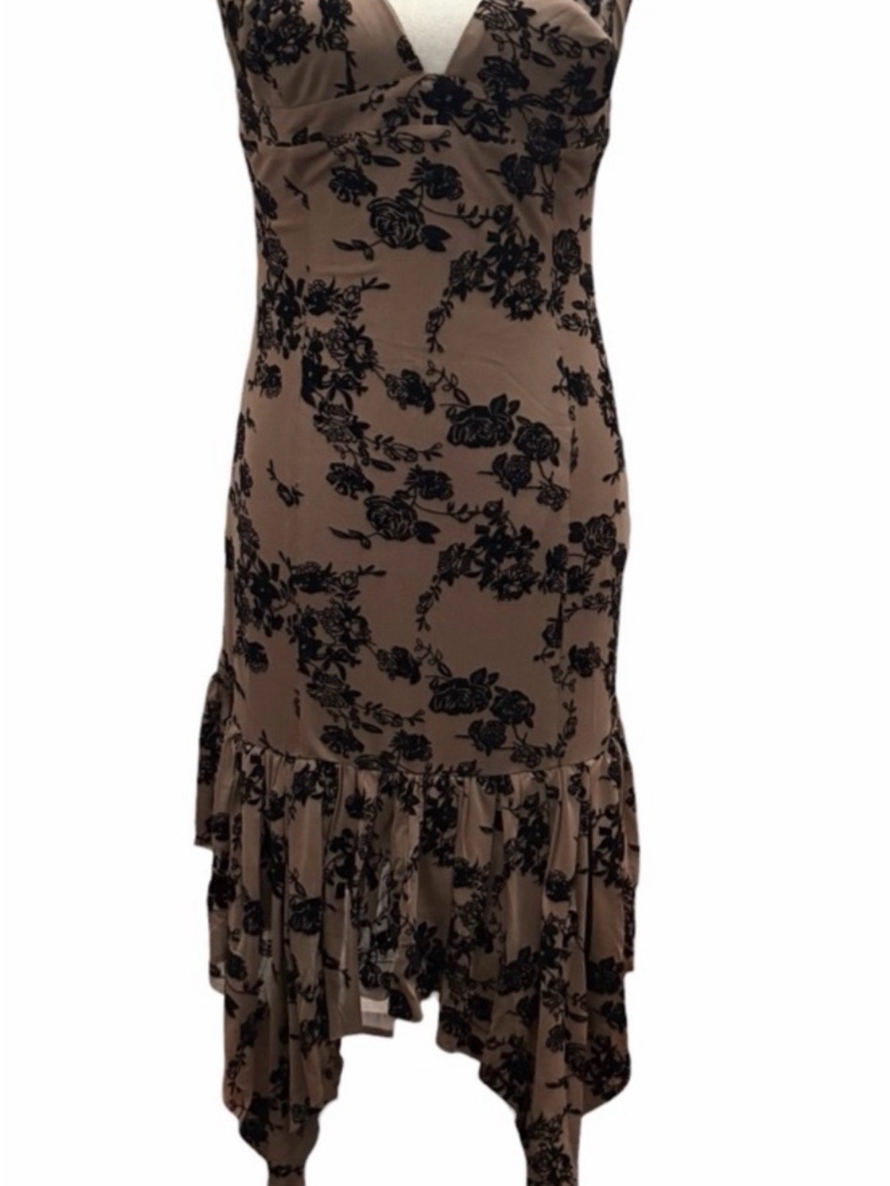 Taupe/brown Floral Lace-Effect Asymmetrical Hem Dress
